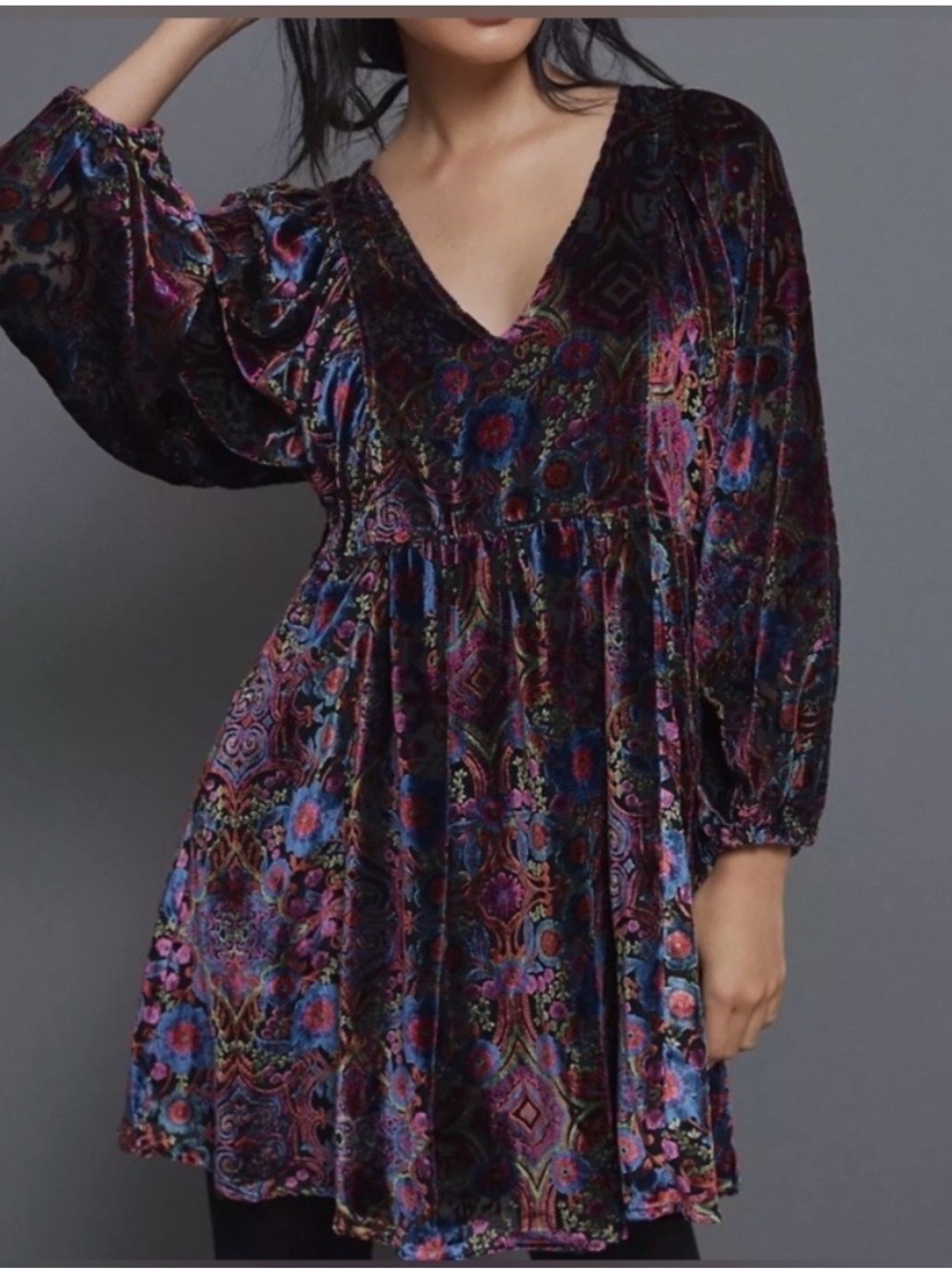 Anthropologie Mona Burnout Velvet Floral Mini Dress Long Billowy Sleeves Size XL - Picture 2 of 10